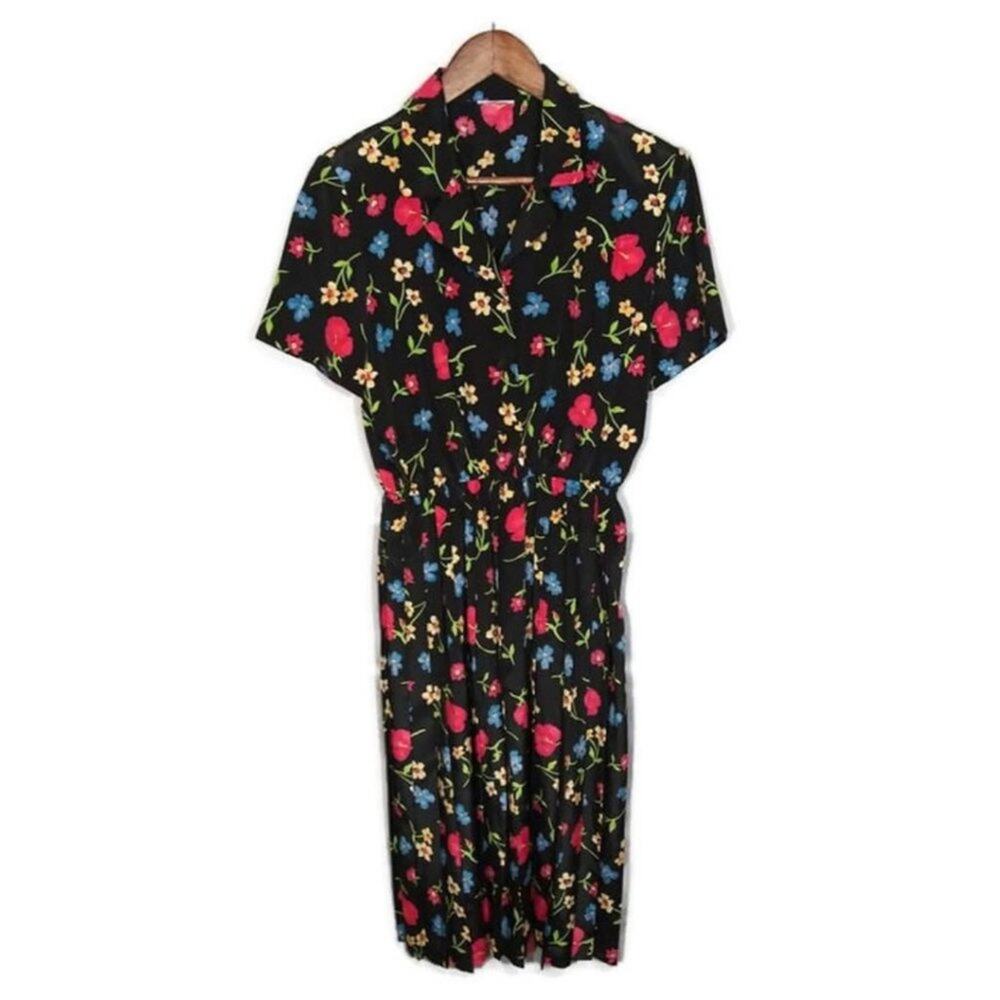 Vintage Black Colorful Floral Print Pleated Dress Sz Medium